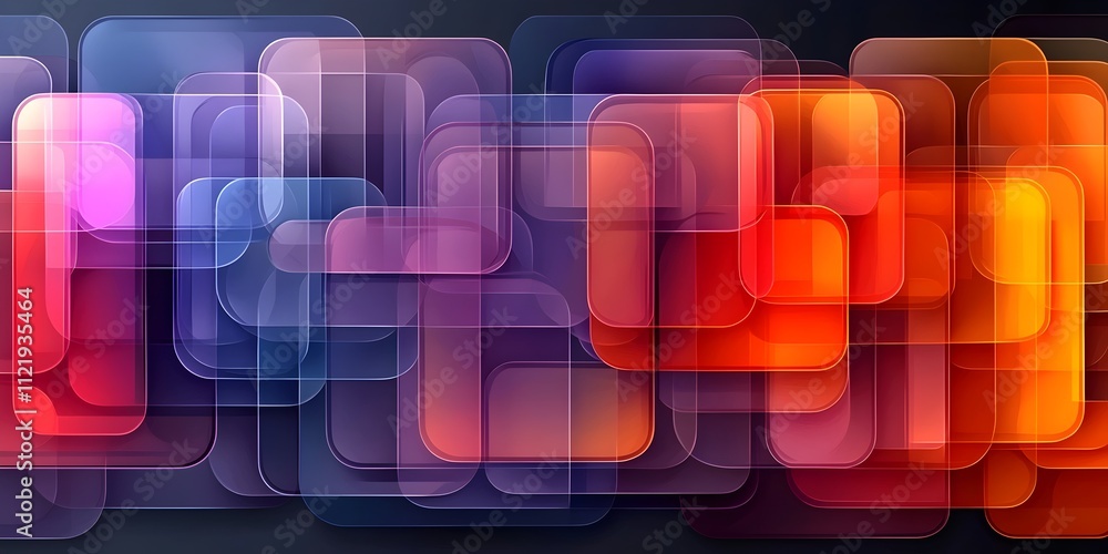 Poster a vibrant abstract composition featuring overlapping translucent squares in shades of purple, orange