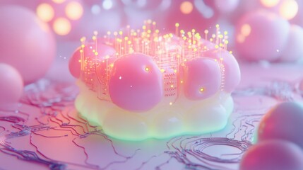 An imaginative and vibrant 3D rendering of glowing molecules and organic shapes.
