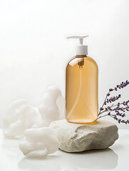 clear body wash bottle with pump sits on stone, surrounded by soft foam and lavender. warm amber liquid inside adds calming touch to serene composition