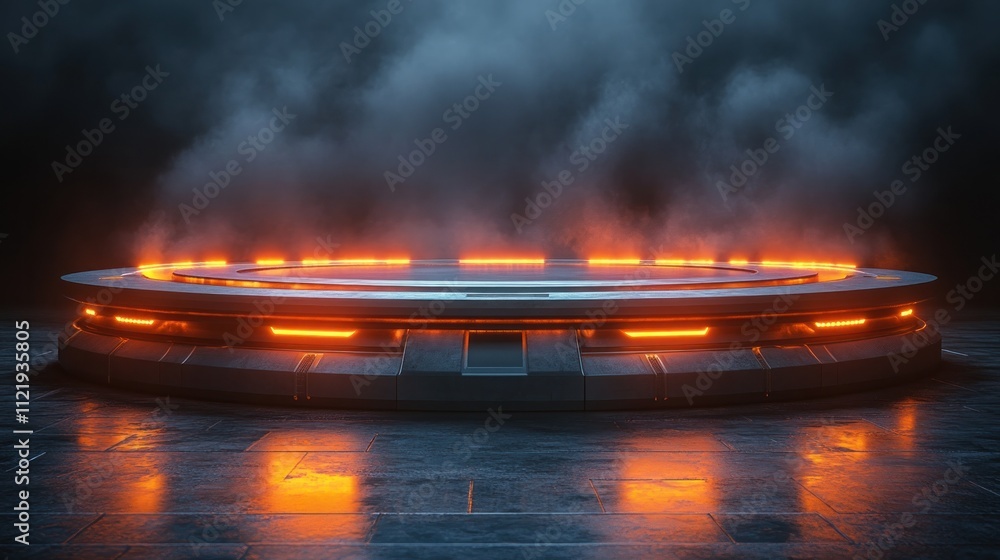 Poster futuristic platform with glowing edges in a misty setting