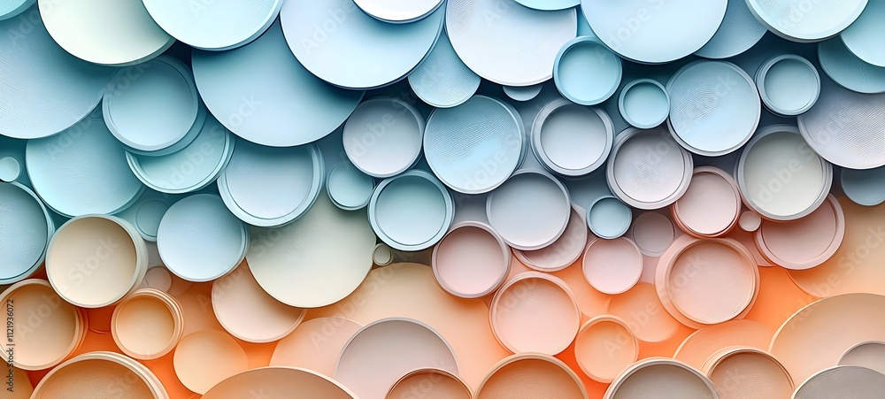 Poster an artistic composition featuring overlapping circles in pastel shades of blue and orange, creating 