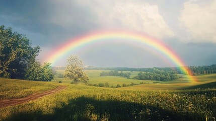 Fototapeta premium Capturing a vibrant rainbow over a peaceful countryside after a rainstorm.
