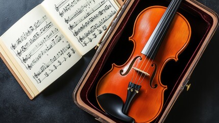 Fototapeta premium Classical music sheet notes elegantly displayed on a wooden stand, embodying the timeless beauty and intricate artistry of orchestral compositions.