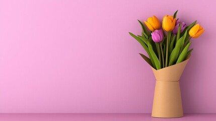 Fototapeta premium a photostock of a fresh bunch of tulips wrapped in plain brown paper, minimalist bouquet 2025