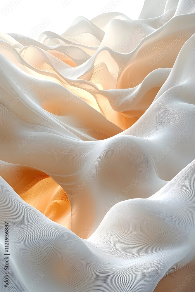 Poster a beautifully abstract composition featuring fluid waves of white and soft peach tones. the flowing 