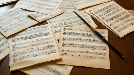 Obraz premium Classical music sheet notes elegantly displayed on a wooden stand, embodying the timeless beauty and intricate artistry of orchestral compositions.