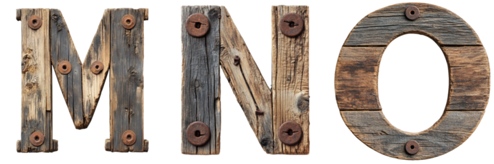 Letters M, N and O made of old wood with rusty nails. Wild West and Rustic alphabet and typography. Transparent PNG. 