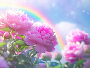Fototapeta premium Pink flowers and rainbow