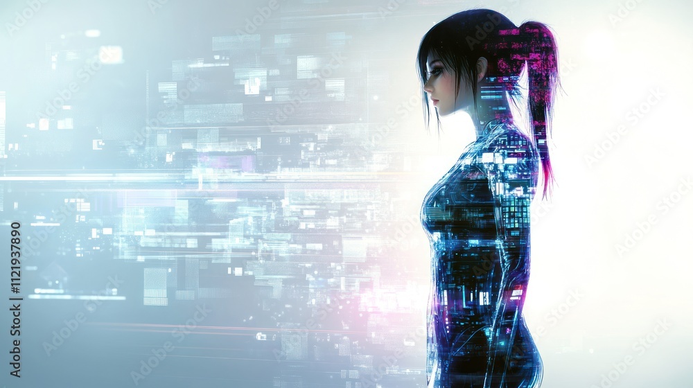Poster futuristic silhouette with digital elements and data streams