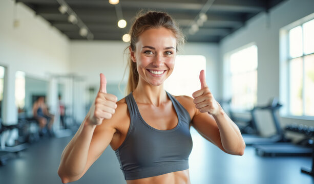 The athlete girl gives two thumbs up in the gym