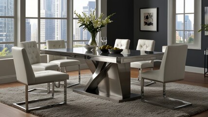 Obraz premium Modern dining room with glass top table, stainless steel base, and white leather chairs.