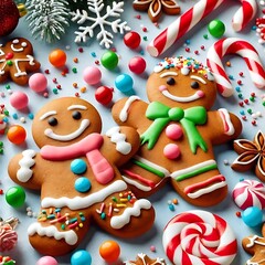 Fototapeta premium Isolated gingerbread men with playful expressions and colorful icing, surrounded by scattered candy canes and gumdrops