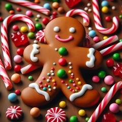 Isolated gingerbread men with playful expressions and colorful icing, surrounded by scattered candy canes and gumdrops