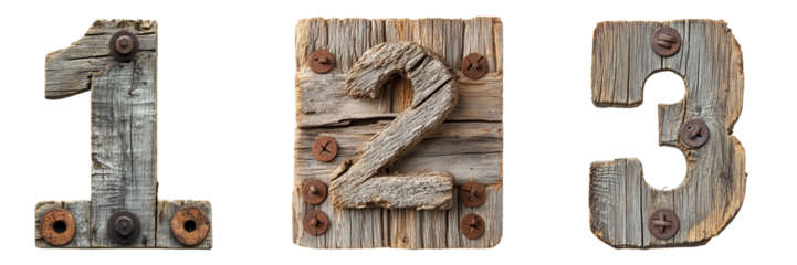 Numbers 1, 2 and 3 made of old wood with rusty nails. Wild West and Rustic alphabet and typography. Transparent PNG. 
