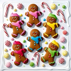 Naklejka premium Isolated gingerbread men with playful expressions and colorful icing, surrounded by scattered candy canes and gumdrops