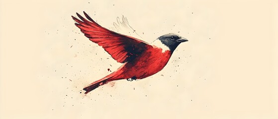 A vibrant red bird with a black and white head gracefully takes flight against a soft beige background, showcasing its delicate wings and dynamic energy.