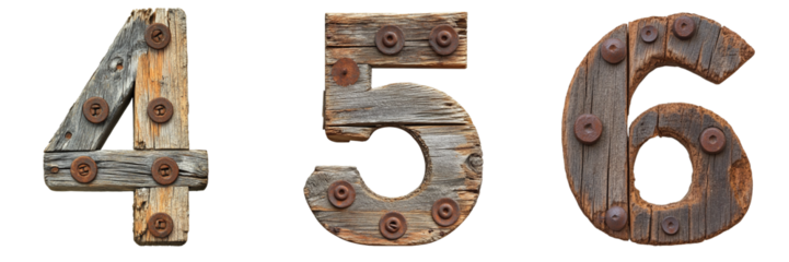 Numbers 4, 5 and 6 made of old wood with rusty nails. Wild West and Rustic alphabet and typography. Transparent PNG. 