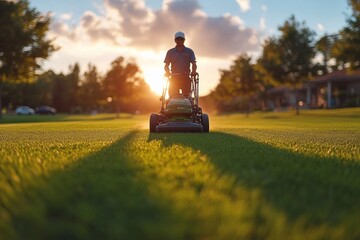 A golf course groundskeeper mowing the green with professional equipment. Generative AI