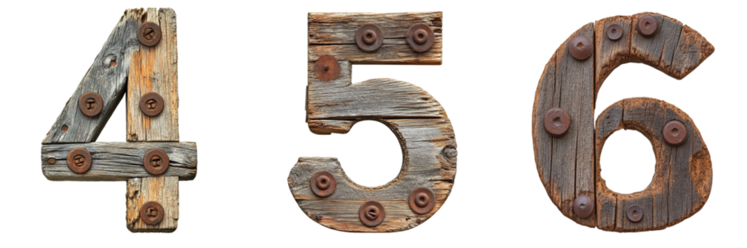 Numbers 4, 5 and 6 made of old wood with rusty nails. Wild West and Rustic alphabet and typography. Transparent PNG. 