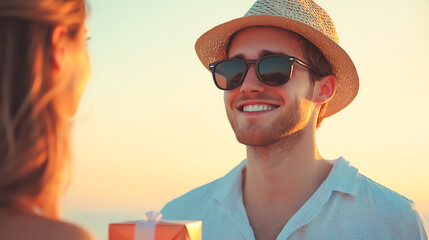 Surprised man giving gift to partner at sunset, joyful moment