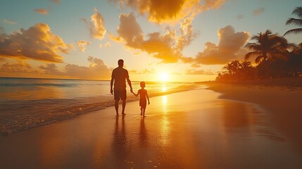 Fototapeta premium A father and child, hand in hand, walk along the beach at sunset, creating a silhouette against the water and clouds, enjoying a tropical vacation