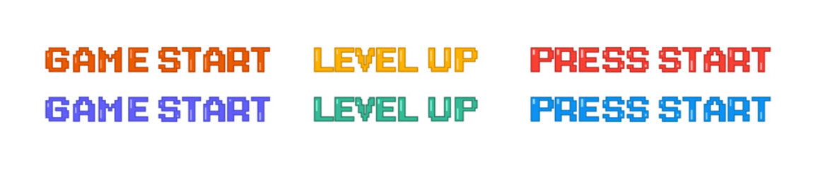 Start game. Level up. Press start. Pixel style. Pixel art. 8 bit game. Retro game. For game assets.