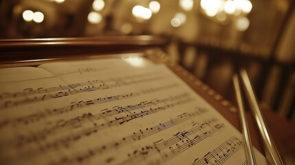 Classical music sheet notes elegantly displayed on a wooden stand, embodying the timeless beauty...