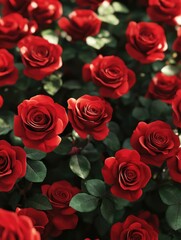 Obraz premium Red Roses with Green Leaves