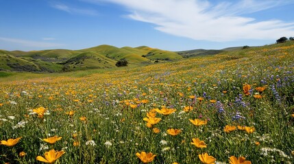 Fototapeta premium Rolling hills and endless fields of wildflowers under a blue sky.
