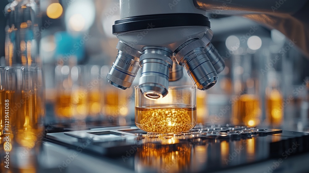 Poster microscope examining a sample in a laboratory setting