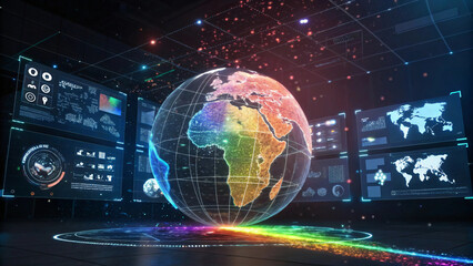 Abstract digital globe with neon-glowing global network connections