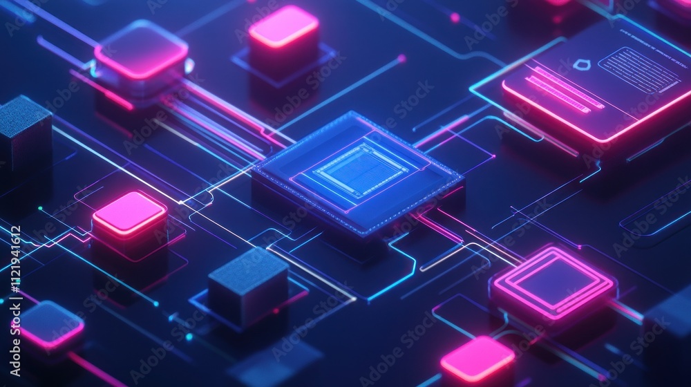 Poster abstract digital circuit with glowing elements