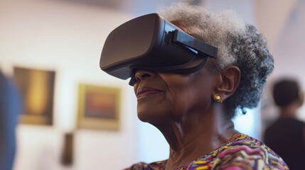 African american woman experiencing virtual reality in modern art gallery