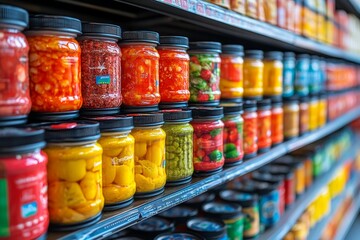 A stack of vibrant, branded canned food products on a supermarket shelf. Generative AI