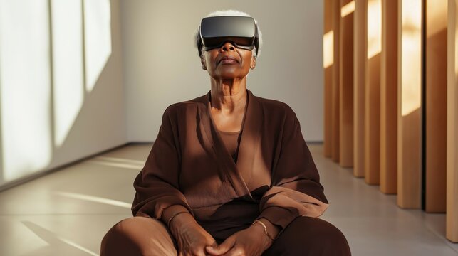 African american woman experiencing virtual reality in modern sunlit room - Powered by Adobe