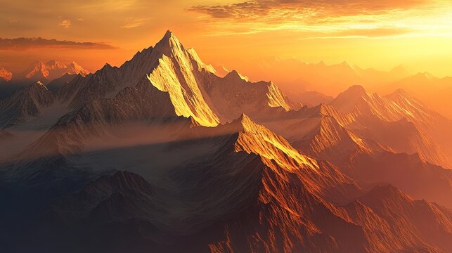 Stunning mountain ranges during sunrise with golden light touching the peaks.