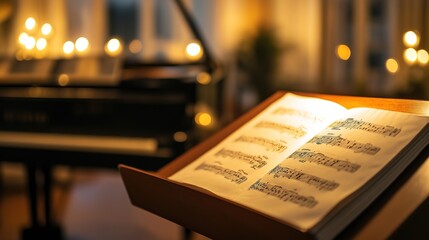 Classical music sheet notes elegantly displayed on a wooden stand, embodying the timeless beauty...