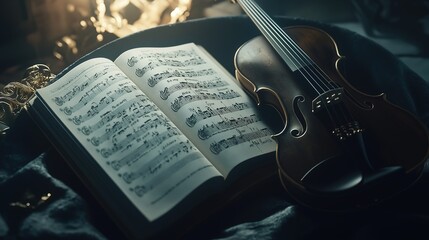 Classical music sheet notes elegantly displayed on a wooden stand, embodying the timeless beauty...