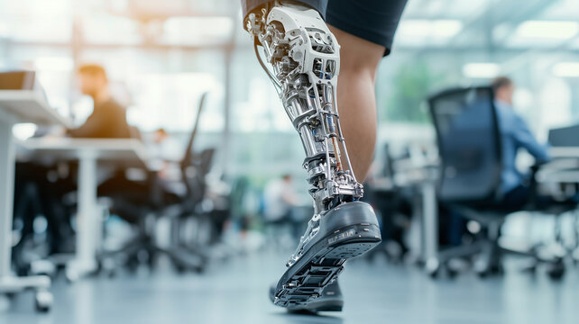 person with prosthetic leg walking confidently in modern office environment, showcasing advanced technology and inclusivity