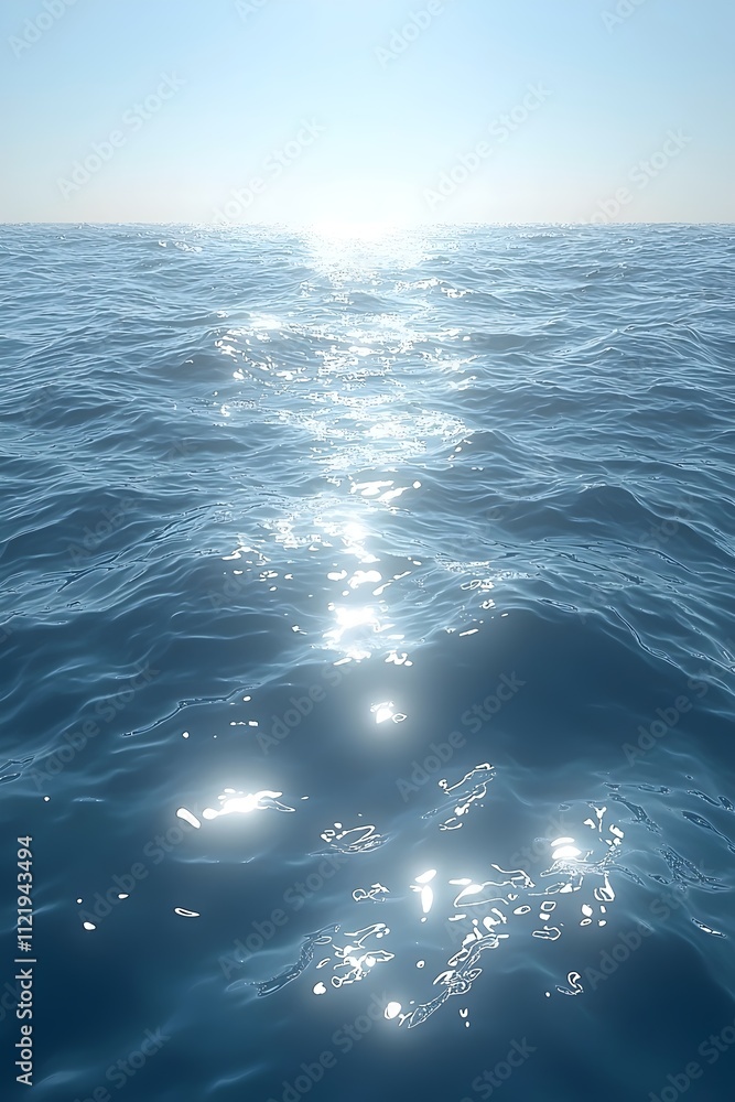 Poster a serene view of the ocean's surface capturing the shimmering sunlight, creating an enchanting scene