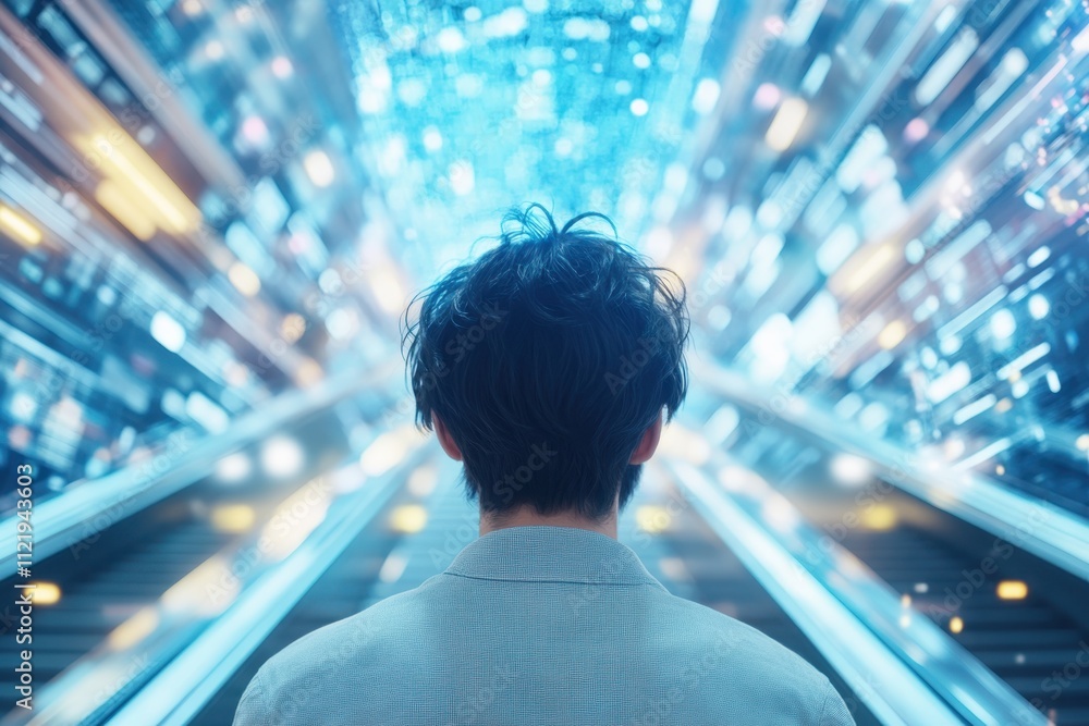 Fototapete person standing on an escalator with a futuristic digital background filled with blue and white ligh