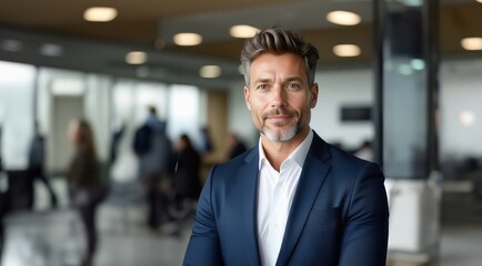 Fototapeta premium Confident mature business man in office. Senior businessman coach, leader looking at camera. Middle aged business man in suit standing in office. Businessman boss director.
