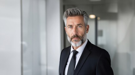 Fototapeta premium Businessman in office. Senior businessman coach, leader looking at camera. Middle aged business man in suit standing in office. Businessman boss director.
