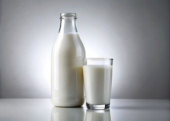 Minimalist Photographic Style of Glass Milk Bottle with Fresh White Milk Clean, Modern Design Emphasizing Purity, Freshness, and Transparency