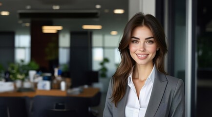 Naklejka premium businesswoman in formal suit. Portrait of beautiful successful young business woman smiling at camera. Female young leader businesswoman standing in office.