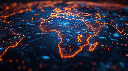 A futuristic digital globe with African continent highlighted, surrounded by glowing data streams symbolizing connectivity