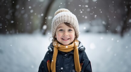 Kid having fun on snowy winter day. Children in winter. Cute child wearing warm clothes playing in a snow. Winter activities for kids.