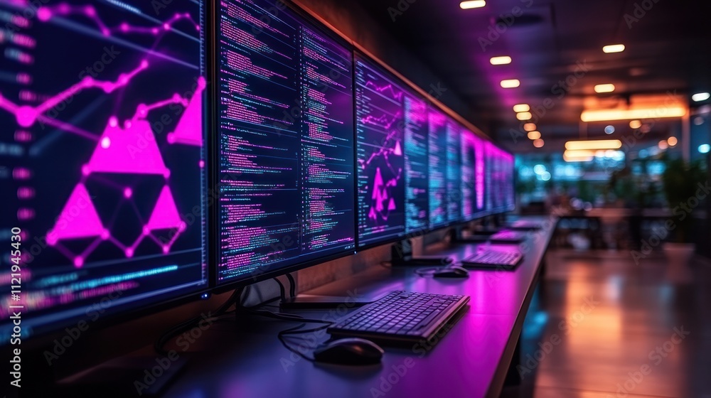 Poster modern workspace with multiple screens displaying data