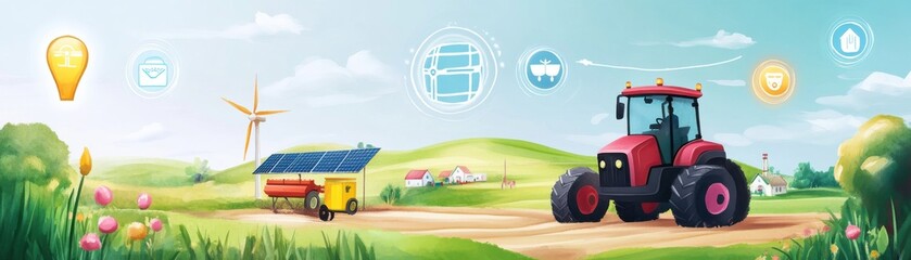 Obraz premium Futuristic agricultural scene with a tractor, solar panels, and eco-friendly icons.