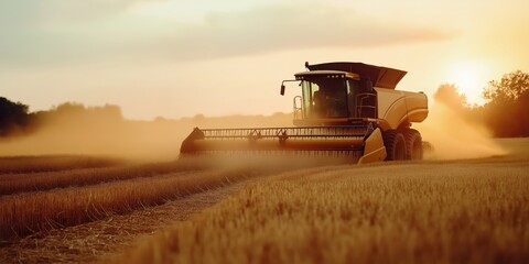 Fototapeta premium A combine harvester working in a golden wheat field